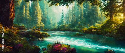 Paintinf of forest with a river. Generative AI.