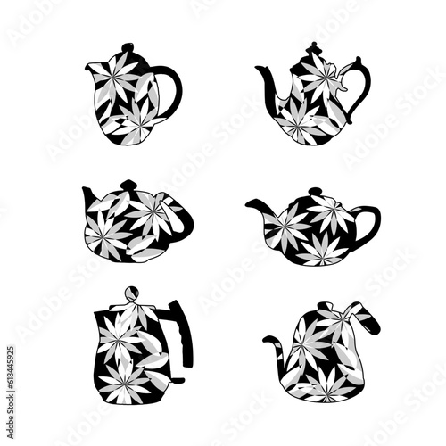 Collection stylized illustration of teapots with flowers
