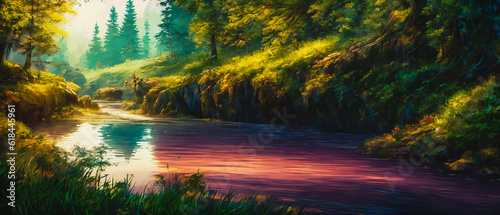 Paintinf of forest with a river. Generative AI. photo