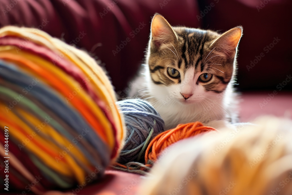 Playful Cat with Yarn Ball in Cozy House. Generative AI.