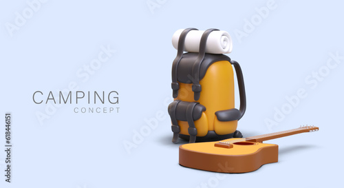Camping concept, vector template. Realistic backpack with twisted mat, guitar. Walking tour along tourist trails. Pleasant leisure, active recreation. Vacation for friends, family, couple