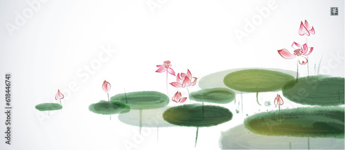 Pink lotus flowers with green leaves in a serene pond on white background. Traditional oriental ink painting sumi-e, u-sin, go-hua. Translation of hieroglyрh - flower