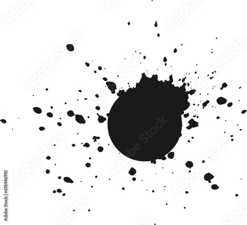 Round spot with splashes, an explosion of paint, drops, splashes coming from circle. Design element. PNG.