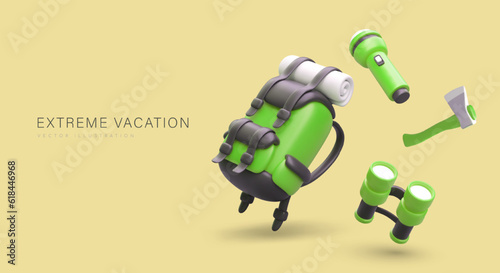 Extreme outdoor recreation. 3D ax, backpack with sleeping mat, flashlight, binoculars. Hiking, mountaineering. Vector template on yellow background. Place for text