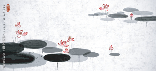 Pink lotus flowers in a calm pond painted on rice paper background. Traditional oriental ink painting sumi-e, u-sin, go-hua. Perfect for nature-themed designs.