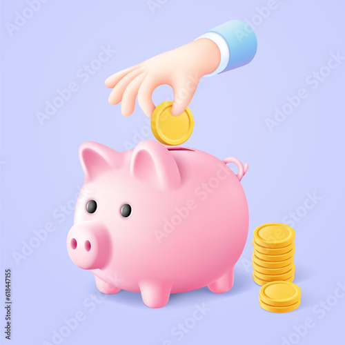 Piggy bank with business hand holding golden coin 3d illustration