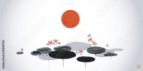 Big red sun over the calm lotus pond. Traditional oriental ink painting sumi-e, u-sin, go-hua. Translation of hieroglyph - eternity