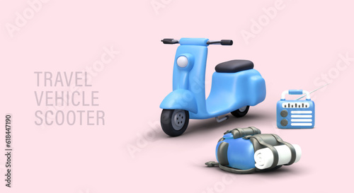 Travel by scooter. Small vehicle for tourism. Realistic blue moped, radio, backpack. Short distance travel. Weekend out of town. Advertising vector poster