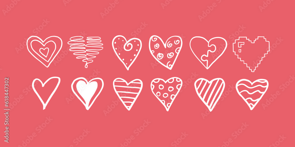 Cute set of hearts in doodle style. Hand drawn vector illustration EPS10.