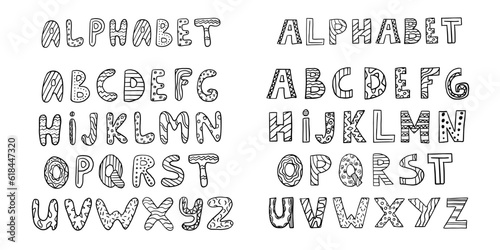 Big set of letters of the educational alphabet by hand in the style of doodles. Cute cartoon alphabet in vector. 