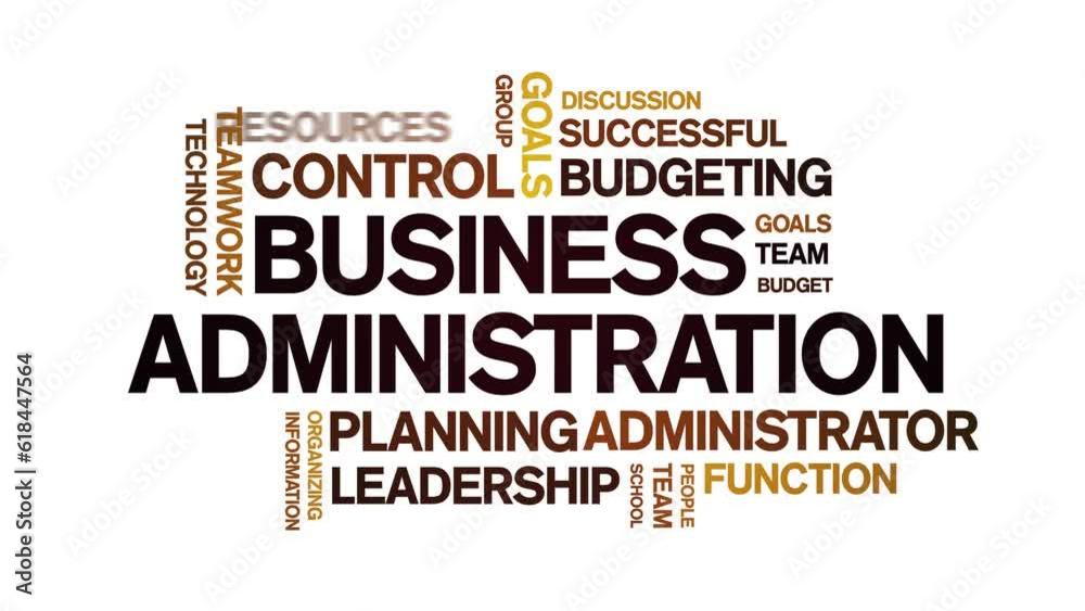 Business Administration animated tag word cloud;text design animation kinetic typography seamless loop.
