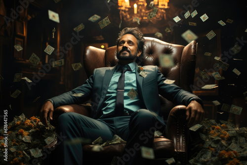 Millionaire's Success. Businessman Making Money Rain While Seated. AI Generative © Mr. Bolota