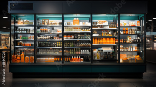 Aisle of Chill: Exploring the Variety of Goods in a Supermarket's Large Refrigerated Section, Generative AI photo