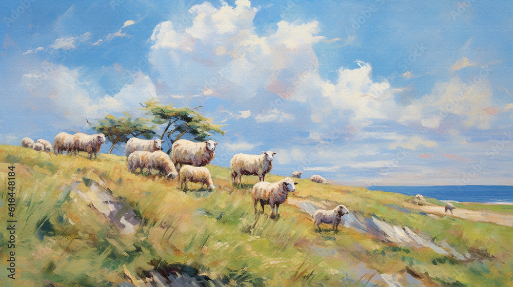 Scenic rural landscape with grazing sheep on a dike. Impressionistic ...