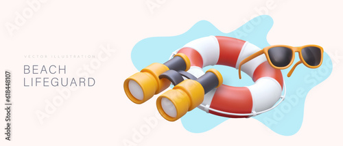 Beach lifeguard. Patrol on coast. 3D striped lifebuoy, binoculars, sunglasses. Bright illustration on neutral background. Place for announcement, text, logo