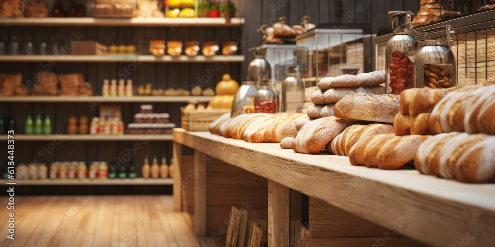 Blurred eco-friendly vegan grocery with wooden wall, parquet floor, and diverse bread selection on shelves—a backdrop for healthy shopping and interior design. Blurred eco-friendly vegan grocery with wooden wall, parquet floor, and diverse bread selection on shelves—a backdrop for healthy shopping and interior design.
