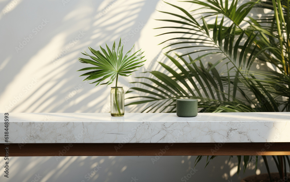 Fototapeta premium Background for luxury organic cosmetic, skin care, and beauty treatment product display in modern basic white marble stone counter table top with bamboo palm tree in sunlight and leaf shadow on wall