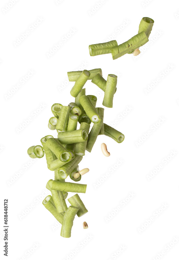 Chopped Long yard bean fly explosion, Cut green long beans for food cooking float in air. Raw slice long yard bean throw in mid air as food material. White background isolated high speed freeze motion Chopped Long yard bean fly explosion, Cut green long beans for food cooking float in air. Raw slice long yard bean throw in mid air as food material. White background isolated high speed freeze motion