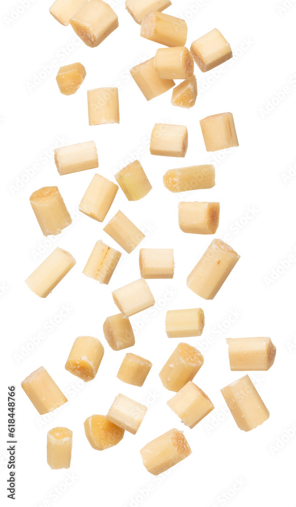 Sugar cane cut chop flying explosion, yellow chop sugarcane abstract cloud fly. Sugar sugarcane cut cubes splash stop in air, food object design. white background isolated high speed freeze motion Sugar cane cut chop flying explosion, yellow chop sugarcane abstract cloud fly. Sugar sugarcane cut cubes splash stop in air, food object design. white background isolated high speed freeze motion