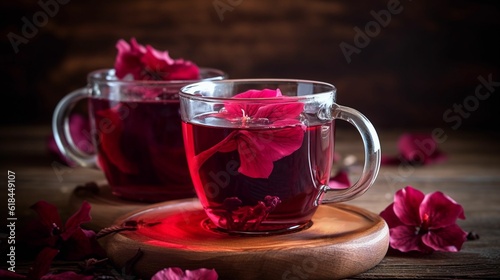 Beautiful close-up of delicious pink Hibiscus tea, made with generative AI