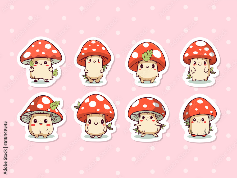 Cute cartoon mushroom sticker pack for kids. Vector. Stock Vector ...