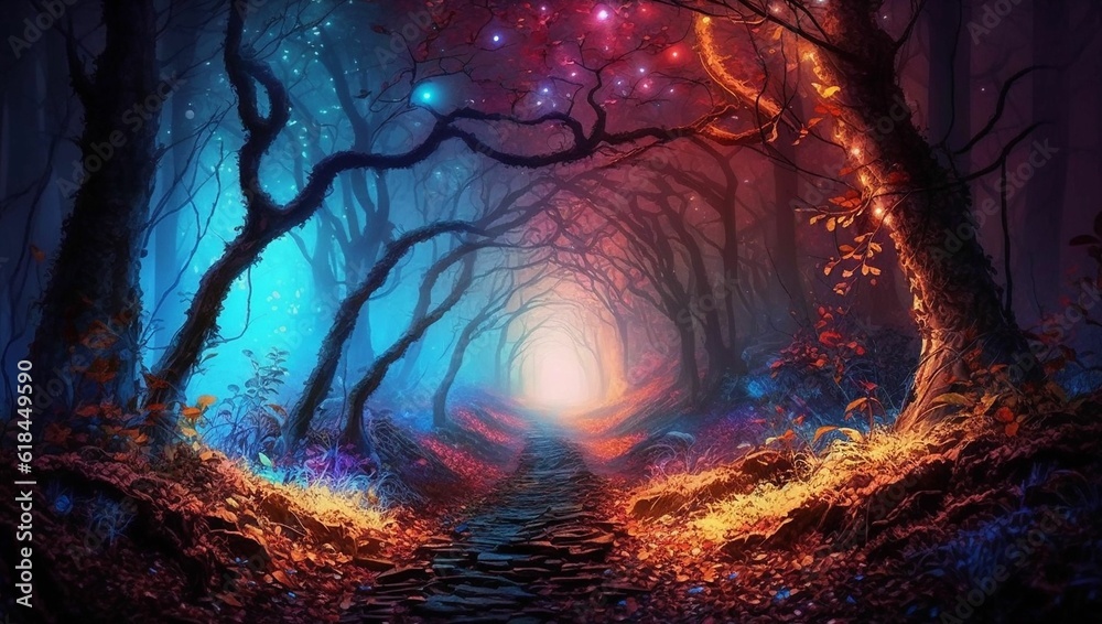 AI generated illustration of a tranquil nighttime scene of a winding path in a forest AI generated illustration of a tranquil nighttime scene of a winding path in a forest