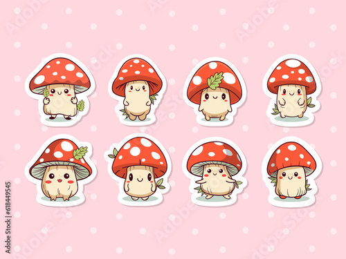 Cute cartoon mushroom sticker pack for kids. Vector.