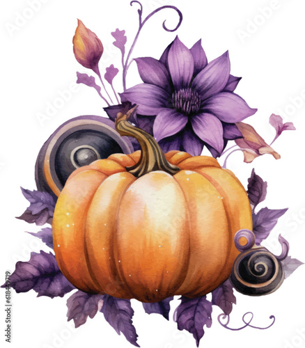 Watercolor Gothic Floral Pumpkin. Orange Fall Autumn Illustration Clipart.