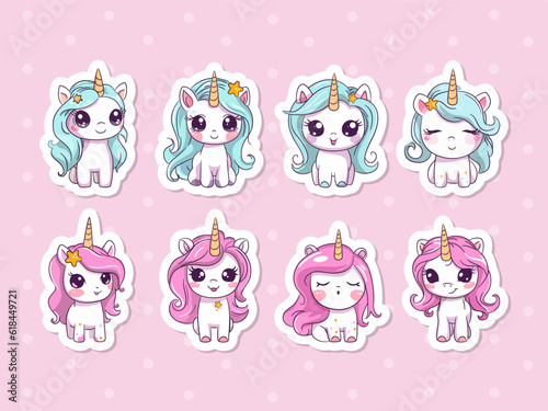Cute cartoon magic unicorn sticker pack for kids. Vector.