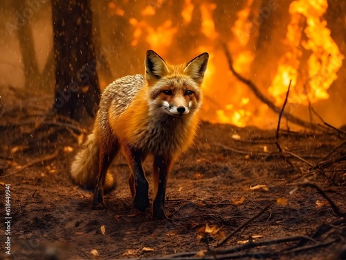 AI generated fox standing in burning forest