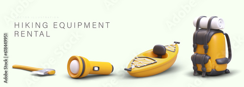 Hiking equipment rental. 3D ax, flashlight, kayak, backpack with twisted mat. Professional travel accessories for comfortable trip. Advertising poster with inscription