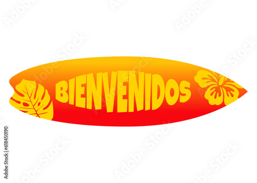 Logo club de surf. Letras palabra Bienvenidos en español con tabla de surf con plantas tropicales