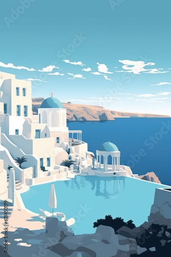 Greek island in sunset with white houses and an ocean