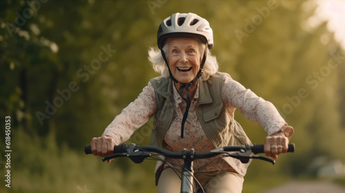 A 70-year-old woman in a helmet rides a bicycle