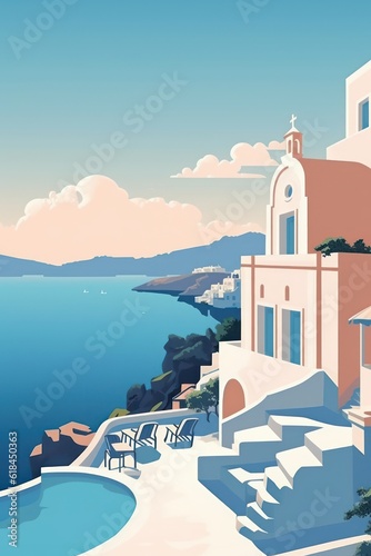 The greek island and villa are framed by an imaginary blue horizon