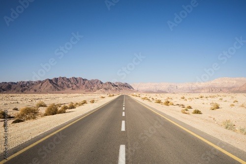 Single-lane desert highway stretching out into a clear blue sky