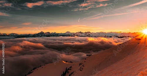 Beautiful sunset over majestic mountain peaks. Hafelekarspitze, Austria.