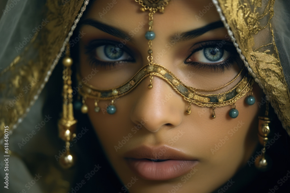 Close up of beautiful Algerian bride in veil and ornate jewellery