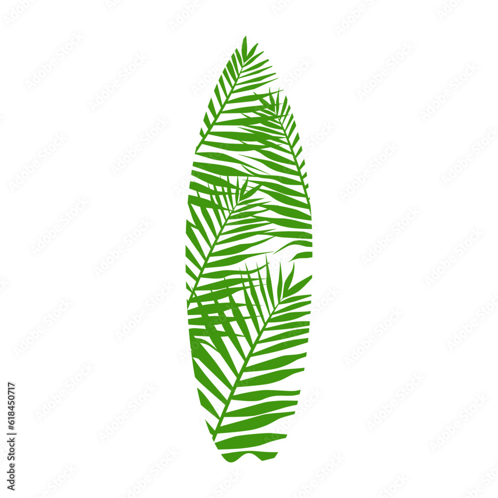Logo club de surf. Silueta de hojas de palmera con forma de tabla de surf