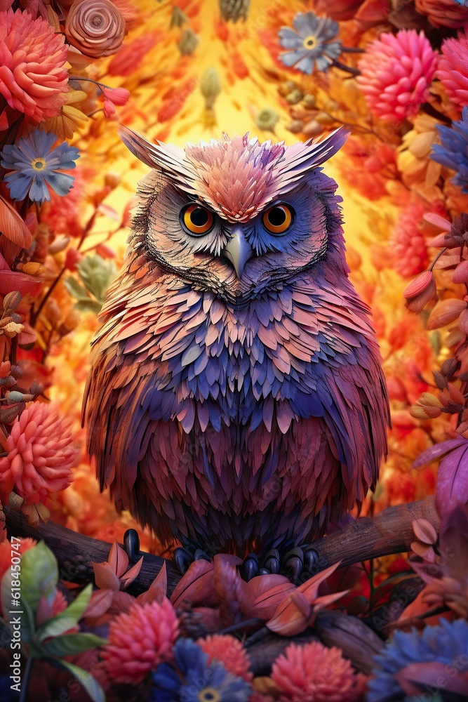 AI generated illustration of A majestic Owl perched amongst a backdrop of beautiful flowers