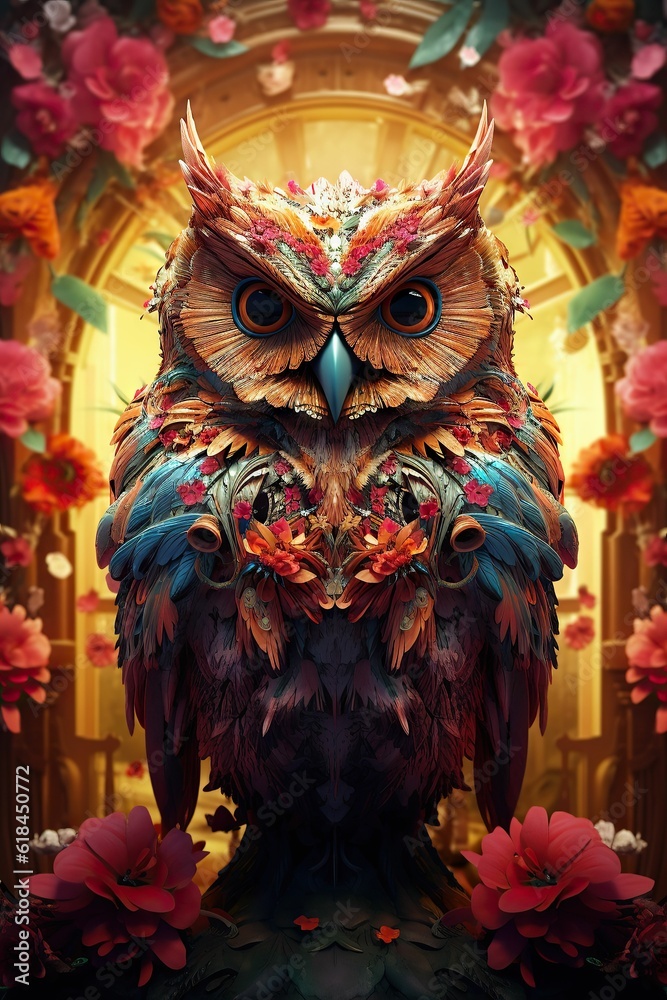 Fototapeta premium AI generated illustration of A majestic Owl perched amongst a backdrop of beautiful flowers