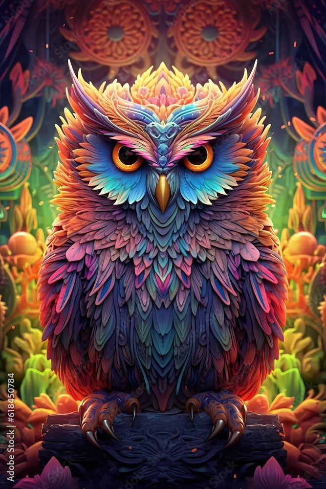 AI generated illustration of A majestic Owl perched amongst a backdrop of beautiful flowers