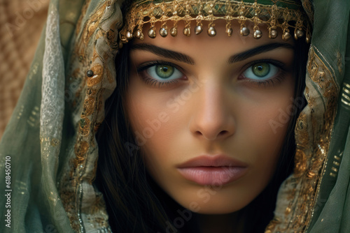 Close up of beautiful Algerian bride in veil and ornate jewellery