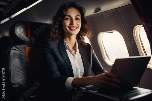 AI generated illustration of a female professional using her laptop in a plane window seat © Zelma Brezinska/Wirestock Creators