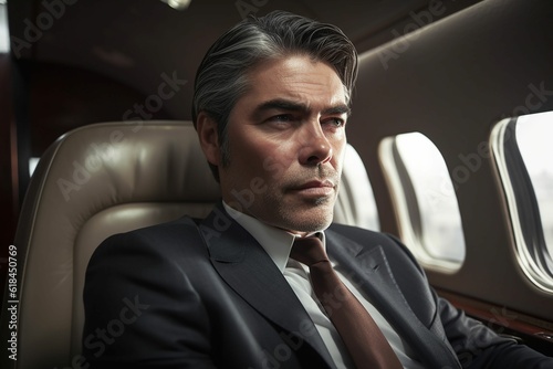 AI generated illustration of a handsome businessman dressed in a formal suit seated on a private jet © Zelma Brezinska/Wirestock Creators