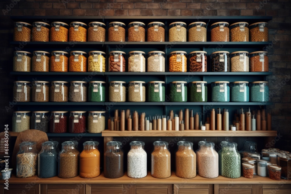 AI generated illustration of A food store with an array of products in glass jars and containers AI generated illustration of A food store with an array of products in glass jars and containers