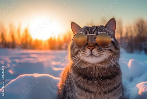 Cute cat wearing glasses in the snow with beautiful sunset. generative ai