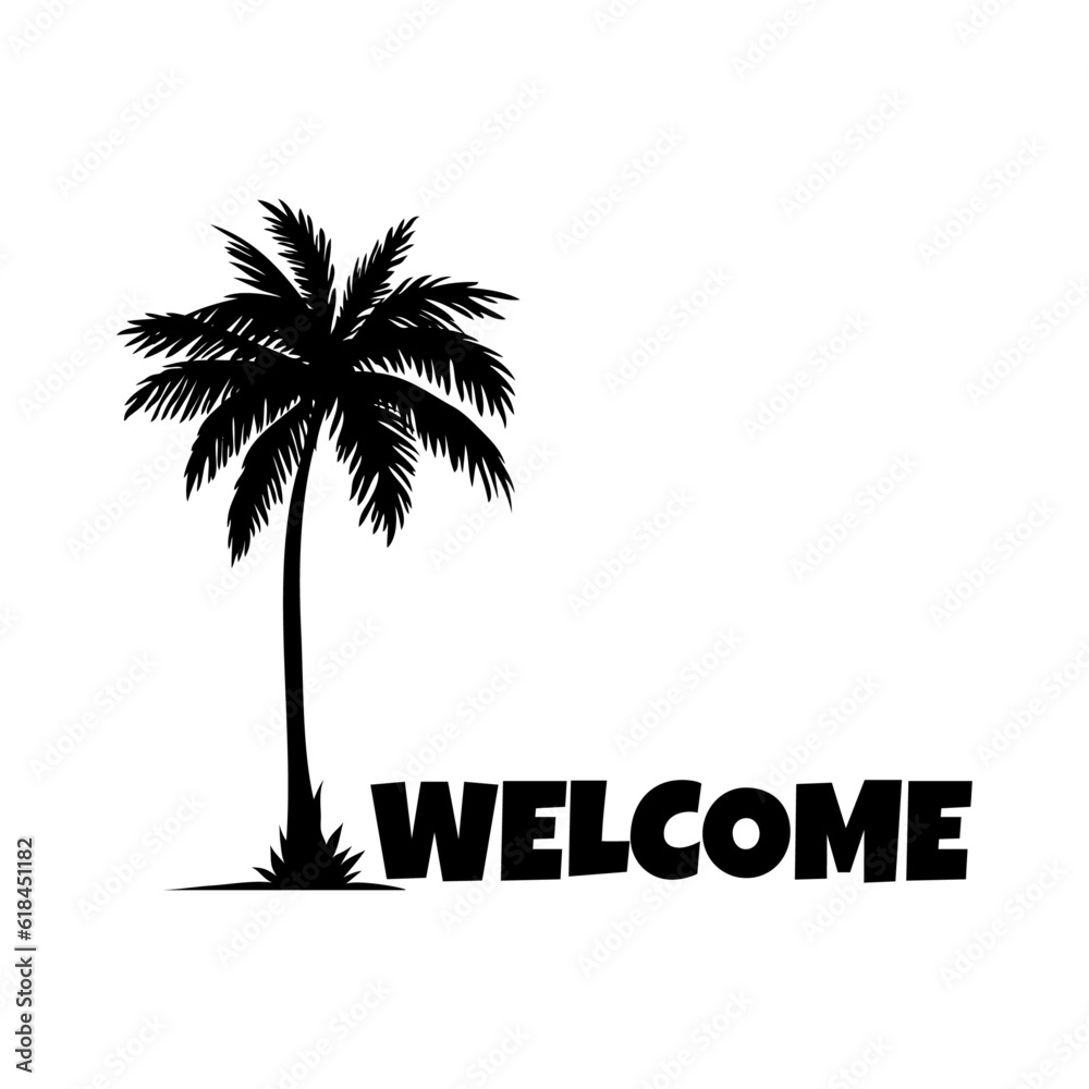 Logo vacaciones de verano. Letras de la palabra Welcome en la arena de una playa con silueta de palmera