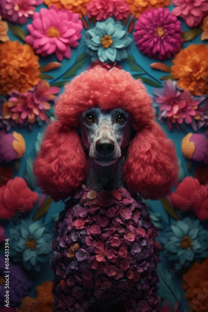 AI generated illustration of a Poodle dog sitting among a stunning array of vivid wildflowers AI generated illustration of a Poodle dog sitting among a stunning array of vivid wildflowers