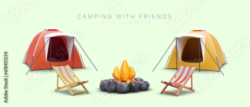 Camping with friends. Two tourist tents with open doors, folding chairs by campfire. Pleasant rest in cheerful company. Color vector banner, place for text
